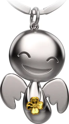Produktbild von "Happy" mit Kleeblatt in Gold - Schutzengel Schlüsselanhänger - Süßer Engel Glücksbringer mit Kleeblatt