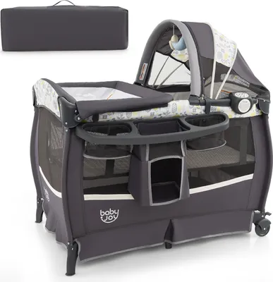 Produktbild von GOPLUS 4 in 1 Reisebett, Babybett mit verstellbarem Vordach, Aufbewahrungsregal, Spielzeugstange, Spieluhr & Rädern (Blätter)
