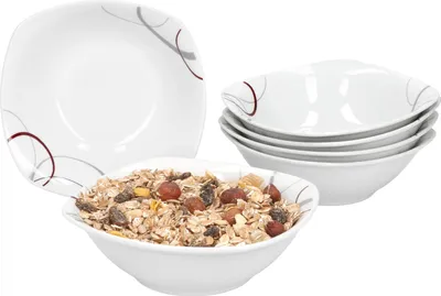 Obrázek produktu pro sada 6 misek na cereálie Palazzo 14,2 cm - malá miska z bílého porcelánu s ozdobnými kruhy v šedé a tmavě červené barvě