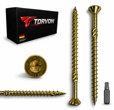 Imagen del producto de TORVON Tornillos para madera de alta calidad, cabeza avellanada, galvanizados en amarillo, 6 x 160 mm, 100 unidades + punta, Imagen generada por IA