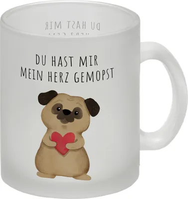 Produktbild von Mops mit Herz Glas Tasse mit Spruch Du hast mir mein Herz gemopst