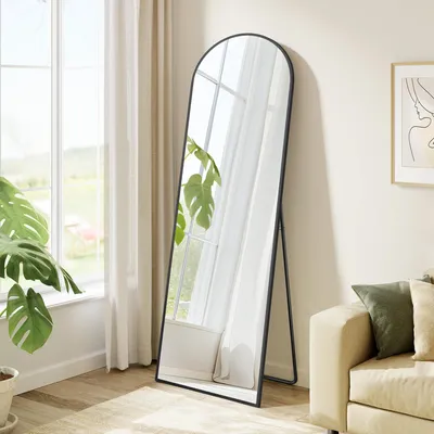 Productafbeelding van Vrijstaande spiegel, 150 x 40 cm, gebogen vorm, aluminium frame, veiligheidsglas, zwart