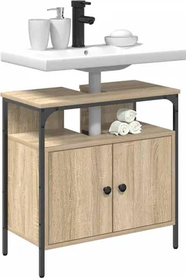 A bathroom vanity cabinet with a sink and faucet.