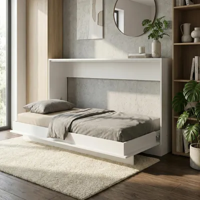 Produktbild von Schrankbett 90x200 cm Horizontal | Klappbett Wandbett Einzelbett platzsparend | Weiß