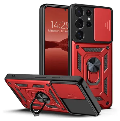 A red and black phone case with a camera cover and ring stand, shown from multiple angles.
