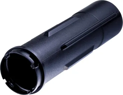 A black plastic pipe fitting is shown against a white background.