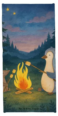 Produktbild von Mr. & Mrs. Panda Strandtuch Pinguin Lagerfeuer Design - Eisblau - Geschenk, Arbeit, Feuer, Job, Duschtuch, Marshmallows, sporthandtuch, Badehandtuch, Badhandtuch, Maus