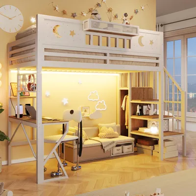 Obrázok produktu pre Postel na poschodí Flieks, 140x200 cm, s USB portom, vysoká posteľ s LED osvetlením, detská/mládežnícka posteľ s písacím stolom a perforovanou stenou, kovová posteľ na poschodí s rebríkom, biela