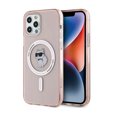 A pink Karl Lagerfeld iPhone 12/12 Pro hard case with a Choupette MagSafe design is shown on a white background.