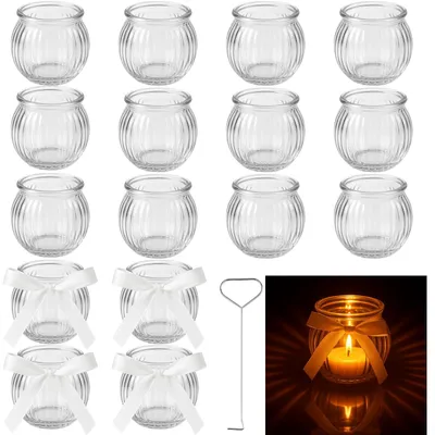 16 Teelichthalter aus Glas mit weißem Band & Kerzenlöscher