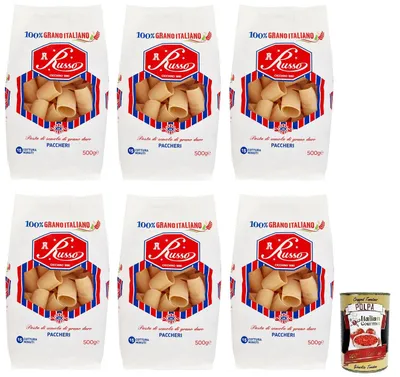 Produktbild von 6x Russo Paccheri N°26 Hartweizengrieß Pasta,100% Italienischer Weizen,500g-Packung + Italian Gourmet Polpa di Pomodoro 400g Dose