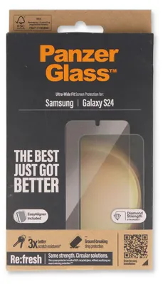 Zdjęcie produktu dla PanzerGlass ® Screen Protector Samsung Galaxy S24 | Ultra-Wide Fit w. EasyAligner, Samsung, Samsung - Galaxy S24, Aplikacja na sucho, Odporny na zadrapania, Odporny na wstrząsy, Przezroczysty, 1 szt.