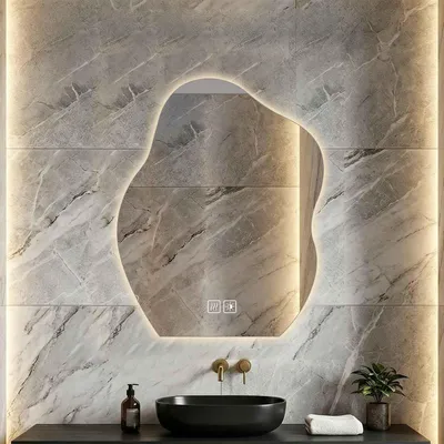 Produktbild von AIORBER LED Badspiegel Unregelmäßig Touch Anti-Beschlag 3 Lichtfarben Dimmbar Wandspiegel Design Asymmetrisch Badezimmerspiegel, 60x80 cm, Silber