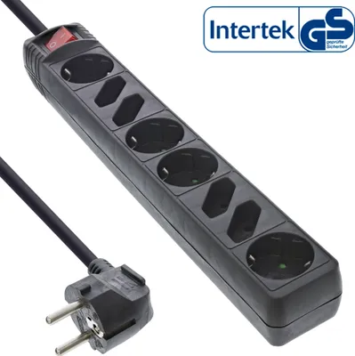 Produktbild von InLine Steckdosenleiste, 8-fach, 4x Schutzkontakt + 4x Euro, schwarz, 1,5m, 1,5 m, Abgewinkelt, 1,5 mm², Schwarz, Kunststoff, 4 AC-Ausgänge