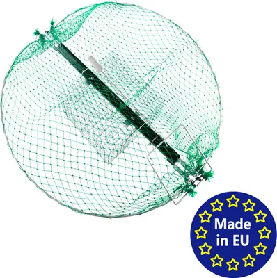 A green netting trap with a metal frame and a promotional overlay in the corner.