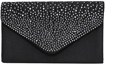 Produktbild von 20cm Damen Abend Satin Braut Diamant Damen Clutch Bag Party Prom Umschlag mit abnehmbarer Kette schwarz