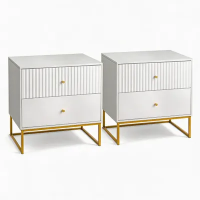 Produktbild von FCH 2er Set Nachttisch mit 2 Schubladen, Modern Nachtkästchen für Schlafzimmer, Wohnzimmer, 70x46x49cm, Weiß und Gold