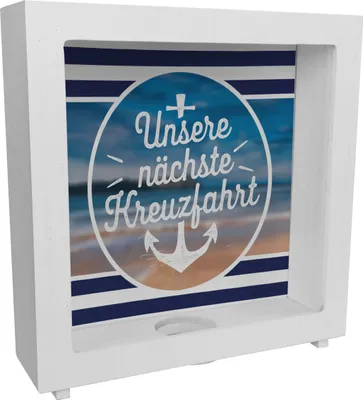 Produktbild von Maritime Rahmen Spardose aus Holz - Unsere nächste KREUZFAHRT