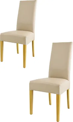 Two modern dining chairs with beige upholstery and light brown wooden legs, presented on a white background.
