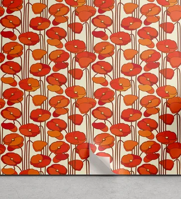 Produktbild von ABAKUHAUS Blumen abziehbare & klebbare Tapete für Zuhause, Mohnblumen Retro Frühling, selbstklebendes Wohnzimmer Küchenakzent, 33 cm x 180 cm, Orange und Elfenbein