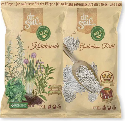 Produktbild von Dr.Soil Pflanzenpflegepaket für das Umpflanzen von Kräutern mit natürlichem Kräutersubstrat und Gartenbau-Perlit