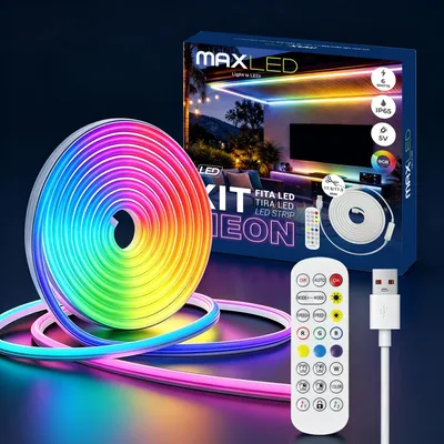 Zdjęcie produktu dla Listwa LED neonowa USB, 5 metrów, IP65, wodoodporna, do użytku wewnątrz i na zewnątrz, z pilotem