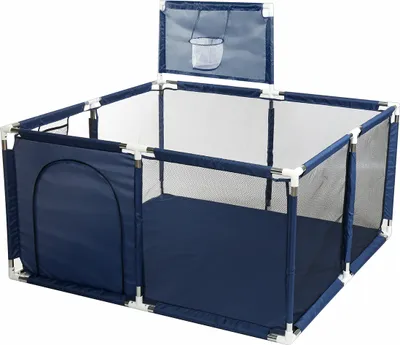 Produktbild von Comomy Baby Laufgitter 128 x 128 x 66 cm Laufgitter Barriere mit Basketball Korb, Atmungsaktives Mesh, Laufstall für Kinder, Farbe: Dunkelblau