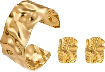 Produktbild von LOCCY Gold Armreif Ohrring Set Damen Breit Verstellbar Manschette Teen Mädchen