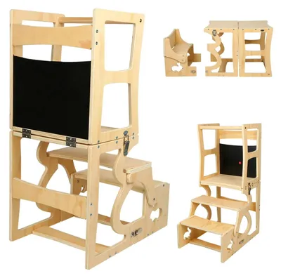 Obrázek produktu pro Montessori žebříček pro děti – 3 v 1, skládací stupínek – s bezpečnostní zábranou – s tabulí – pro kuchyň a koupelnu – z masivního dřeva – barva dřeva