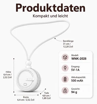 Produktbild von Nackenventilator wiederaufladbar, bladeless Halsventilator mit USB, leiser tragbarer Ventilator 3 Stufen, Handfrei Kühlung für Büro, Outdoor & Sommer