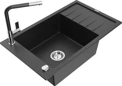 Produktbild von Mexen Elias 1 Becken-Granitspüle mit Abtropffläche und Mischbatterie Flora, Schwarz/Silbermetallic - 6511-73-670401-07