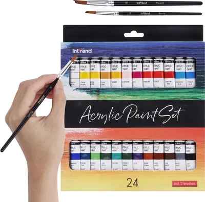 Produktbild von int!rend Acrylfarben Set - 24x Acrylfarbe je 12 ml + 2 Pinsel - Acryl Farbe für Holz, Leinwand, Ton, Steine & Gips - Acrylic Paint für Modellbau