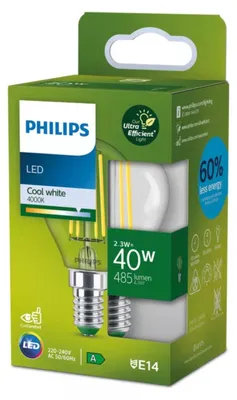 Produktbild von Philips Filament-Lampe, Tropfenform, transparent 40W P45 E14, 2,3 W, 40 W, E14, 485 lm, 50000 h