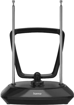 A black indoor antenna with two silver telescopic rods on a black base.