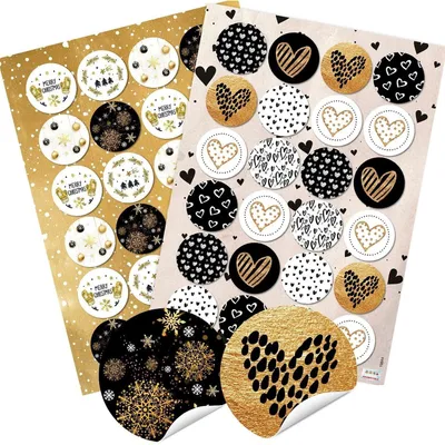 Produktbild von 24 Weihnachtsaufkleber MERRY CHRISTMAS + 24 Herz Sticker gold schwarz weiß