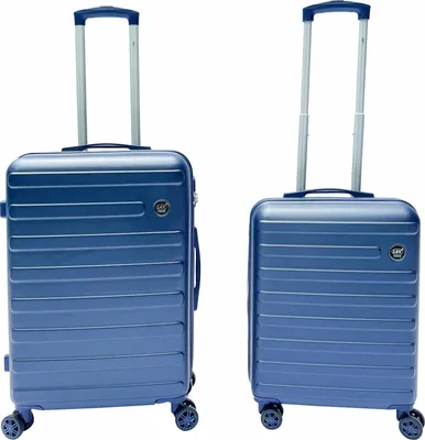 Two blue suitcases of different sizes are shown side-by-side against a white background.
