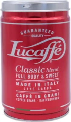 A red tin can of Lucaffé Classic blend coffee beans.