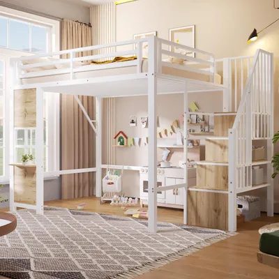 Immagine prodotto di Letto a castello Merax, 140x200 cm, letto a castello per bambini con spazio contenitivo, ringhiera di sicurezza, area giochi, ripiani e letto a castello per adolescenti, colore bianco