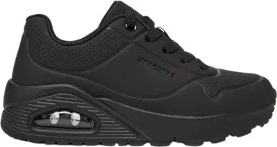 A single black Skechers sneaker shown from a side-angle on a white background.
