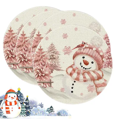 4 runde Weihnachts-Platzsets, Schneemann, Leinen, waschbar, 35 cm