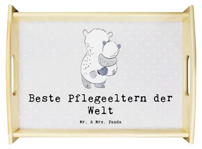Produktbild von Mr. & Mrs. Panda Tablett Panda Beste Pflegeeltern der Welt - Grau Pastell - Geschenk, Geschenkidee, Papa, Mama, Familie, Holztablett, Eltern, Dankeschön, Servier, Deko