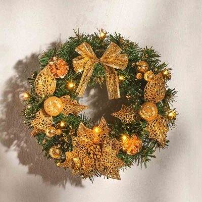 Künstlicher LED Tür Weihnachtskranz Ø 30 cm Gold Advent Wandkranz Türkranz Lichterkranz Weihnachtsgesteck Adventsgesteck