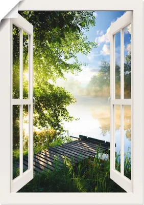 Produktbild von ARTland Poster Fensterblick Angelsteg am Fluss, weiß Größe: 50x70 cm
