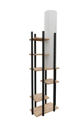 A tall, cylindrical floor lamp with a white shade and a black metal frame with wooden shelves.