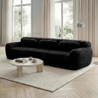 Produktbild von 3-Sitzer Tiefsofa, Premium-Plüschstoff, modulare, rutschfester Boden, keine Montage, mit Kissen. Ergonomische Unterstützung, hochelastischer Schaumstoff, geeignet für Wohnzimmer, Schwarz