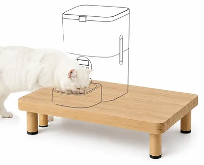 Produktbild von Futterautomat für Katzen – Erhöhte Ausführung – Holzgestell – Rutschfeste Füße – Ergonomische Höhe – 34,3 x 20 x 6,1 cm – Entlastet Nacken und Gelenke – Futterständer für Katzen