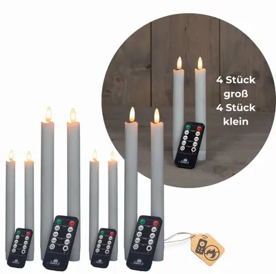 Produktbild von Sparset Stabkerzen LED mit Timer Klein+Groß WEISS 8 Stück WEISS indoor - 6 Stunden - ECHTWACHS 18cm+23cm Höhe für Kerzen 2,2cm Durchmesser 2 AAA Batterien notwendig LED Stabkerzen flackernde Flamme