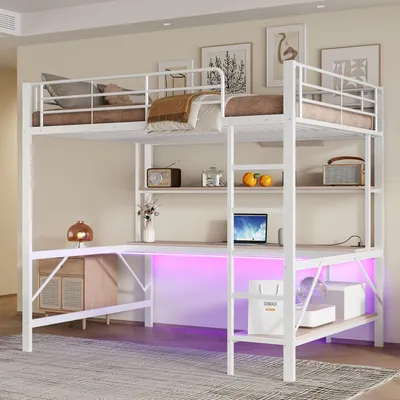 Obrázok produktu pre Merax poschodová posteľ v podkroví 140x200 cm, s LED osvetlením, USB a zásuvkou, stolom a policou, kovový rám, detská poschodová posteľ, biela