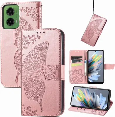 Produktbild von Für Motorola Moto G35 Kunstleder Wallet Handy Tasche Schmetterling Design Hülle Etuis Rosa