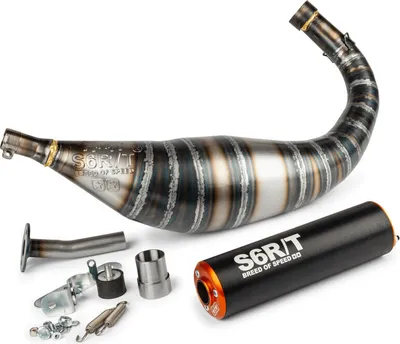Productafbeelding van Uitlaat Stage6 R/T 80-90cc, oranje en zwart, met een lage doorlaat, geschikt voor Minarelli AM6.